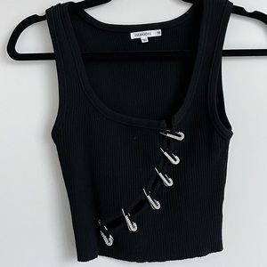 Black ribbed tank top with rhinestones pins & asymmetrical cutout y2k